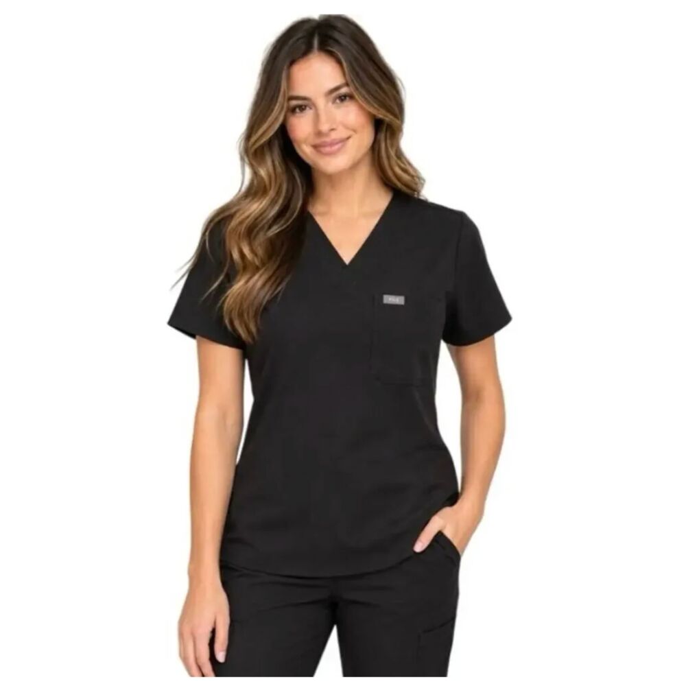 Figs Black V Neck Scrub Top